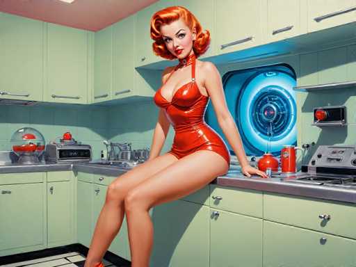 retro-futuristic a pin-up girl by (Olivia De Berardinis) in her kitchen filled with atomic futuristic devices . vintage sci-fi, 50s and 60s style, atomic age, vibrant, highly detailed-contemporary, realistic, rustic, primitiveSteps: 8, Sampler: DPM++ SDE Karras, Guidance Scale: 2.5, Seed: 1788751530, Size: 1280x960, Model: mexxldimsdxl_lcm_v10_f16.ckpt, Strength: 1.0, Seed Mode: Scale Alike, Target Size: 1280x960, Crop: (0, 0), Original Size: 1280x960, Negative Original Size: 640x512, Aesthetic Score: 6.0, Negative Aesthetic Score: 2.5, Zero Negative Prompt: false