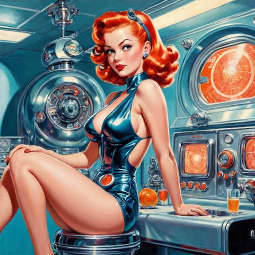 retro-futuristic a pin-up girl by (Olivia De Berardinis) in her kitchen filled with atomic futuristic devices . vintage sci-fi, 50s and 60s style, atomic age, vibrant, highly detailed-contemporary, realistic, rustic, primitiveSteps: 10, Sampler: DPM++ SDE Karras, Guidance Scale: 2.5, Seed: 1666700544, Size: 1280x960, Model: cherrypickerxl_lcm_v02_f16.ckpt, Strength: 1.0, Seed Mode: Scale Alike, Target Size: 1280x960, Crop: (0, 0), Original Size: 1280x960, Negative Original Size: 640x512, Aesthetic Score: 6.0, Negative Aesthetic Score: 2.5, Zero Negative Prompt: false