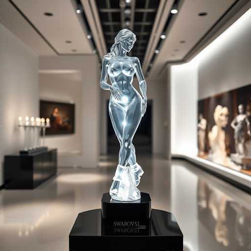 The image shows a glass sculpture of a woman's body with her legs crossed and her arms resting on her knees. The sculpture is placed on a black pedestal against the backdrop of an art gallery.