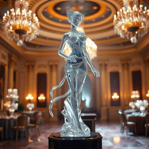 The image shows a silver statue of a woman with her arms outstretched and legs apart, standing on a black pedestal in the center of a grand room. The room is adorned with gold chandeliers hanging from the ceiling, casting a warm glow throughout the space. In the background, there are tables draped with white tablecloths, suggesting that this might be a formal event or gathering.