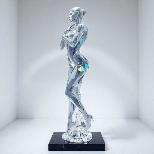 The image shows a silver statue of a woman standing on one leg with her arms crossed over her chest. The statue is placed on a black pedestal and the background is white, which contrasts with the silver color of the statue.