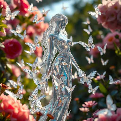 A silver statue of a woman with long blonde hair and a flowing dress is surrounded by numerous butterflies in shades of pink and white against a blurred garden backdrop.