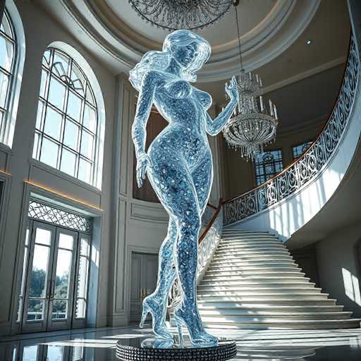 The image shows a large glass sculpture of a woman standing on a white pedestal with gold accents and holding a wine glass. The sculpture is located in the center of the room, surrounded by high ceilings and large windows that allow natural light to illuminate the space.