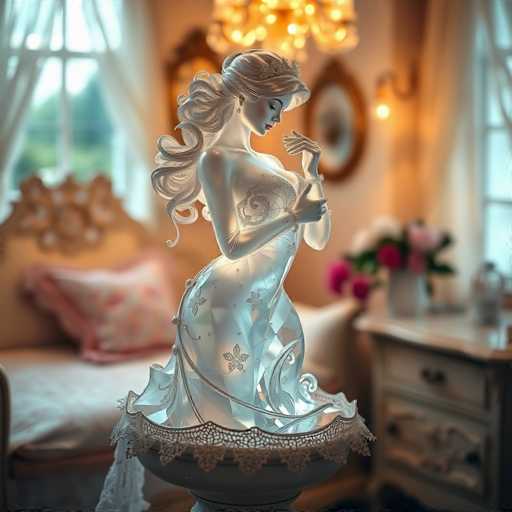 The image shows a white statue of a woman with long hair and a tiara on her head, standing on a pedestal. The statue is positioned in the center of the frame against a backdrop of a window and a dresser.