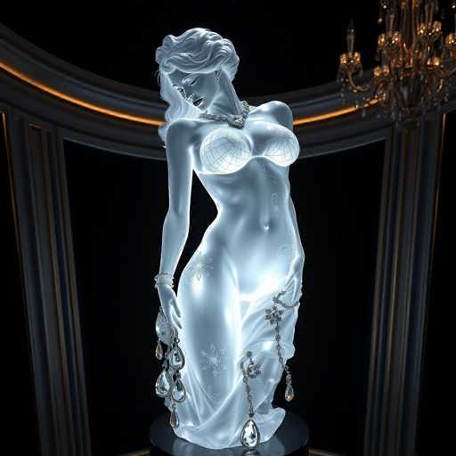 The image shows a glass statue of a woman with long hair and a necklace, standing on her head and holding a purse. The statue is illuminated from below, casting a soft glow that highlights its intricate details. The background features a black curtain and a chandelier hanging above it, creating an elegant and sophisticated atmosphere.