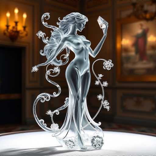 The image shows a glass sculpture of a woman with long hair and a flowing dress, holding a book in her hand. The sculpture is placed on a white surface against a dark background, which contrasts the lightness of the glass material.