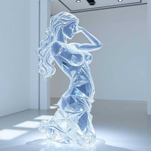 A glass sculpture of a woman with long hair and a dress made up of small triangular pieces is displayed on a white pedestal against a white wall.