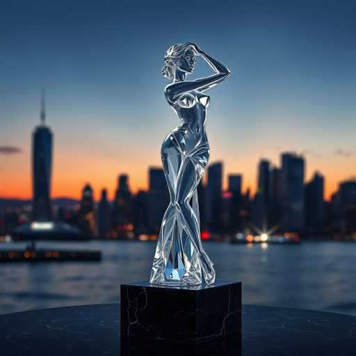 The image shows a glass sculpture of a woman standing on one leg with her hand raised to her head against the backdrop of a city skyline at sunset. The sculpture is placed on a black pedestal and is the central focus of the image.