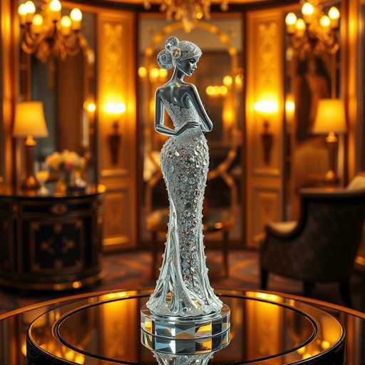 The image shows a silver statue of a woman with her arms crossed and legs apart, standing on a black surface. The statue is positioned centrally against a gold background, which includes a chandelier hanging from the ceiling.