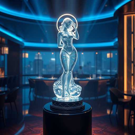 The image shows a glass statue of a woman with her hand on her head and a halo above her head. The statue is placed on a black pedestal against the backdrop of a bar or restaurant setting.