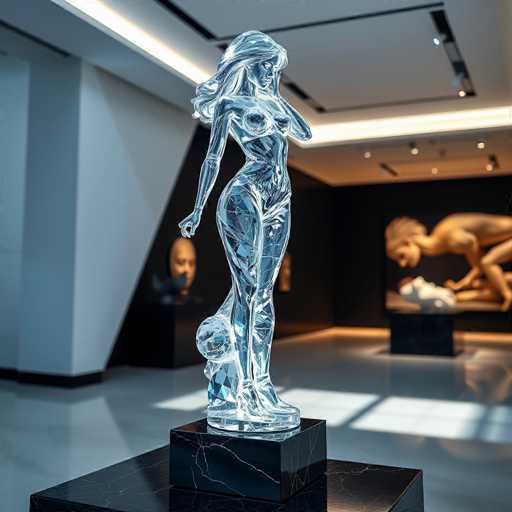 The image shows an art gallery with a glass sculpture of a woman's body on a black pedestal. The sculpture is illuminated by natural light streaming through the windows and casts a soft glow around it. In the background, there are other sculptures displayed in the room, including one of a man's head and another of a bird.