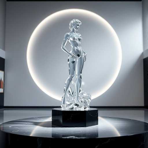 The image shows a glass statue of a nude woman standing on a black pedestal with her arms crossed and legs apart. The statue is positioned centrally against a white wall that has a circular light fixture in the background.