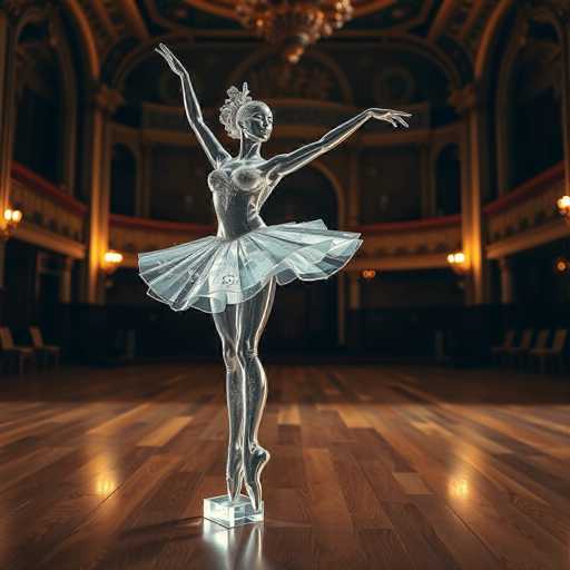 The image shows a silver ballerina figurine standing on one leg with her arms extended upwards and her feet placed on a pedestal. The background is dark, suggesting the setting could be an indoor theater or a stage.