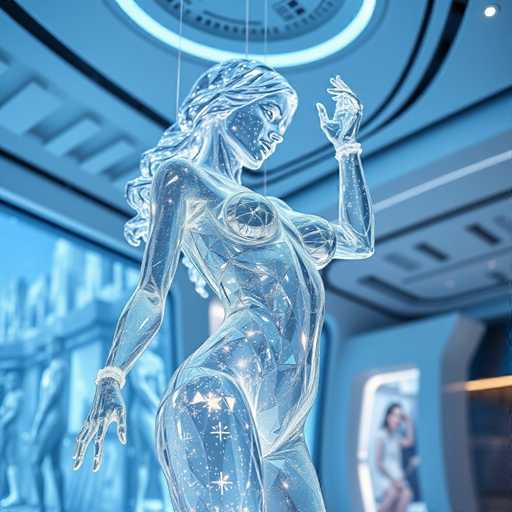 The image shows a glass sculpture of a woman with long hair and a face, positioned on the left side of the frame. The sculpture is illuminated from above, casting a blue light that highlights its intricate details. In the background, there are blurred figures suggesting movement or activity in the room.