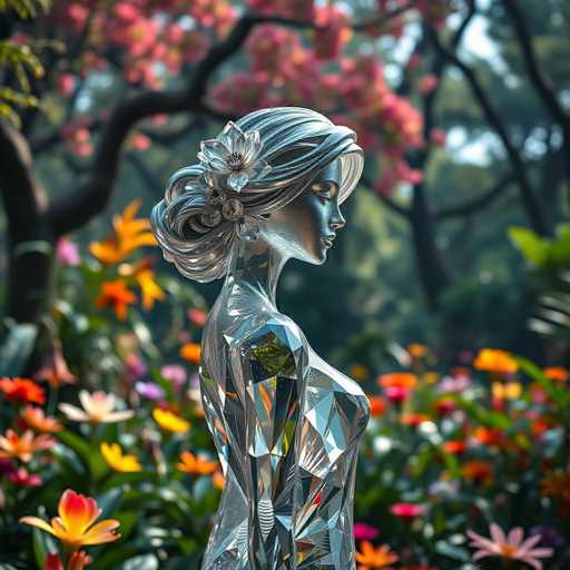 The image shows a silver statue of a woman with long hair and a flower in her hair, standing in the center of a garden filled with colorful flowers. The statue is positioned on a pedestal, surrounded by an array of vibrant flowers that add to the overall beauty of the scene.