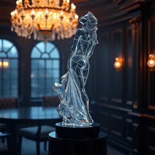 The image shows a crystal sculpture of a woman with long hair and a dress standing on a black pedestal. The sculpture is illuminated by the warm glow of chandeliers hanging from the ceiling in the background.