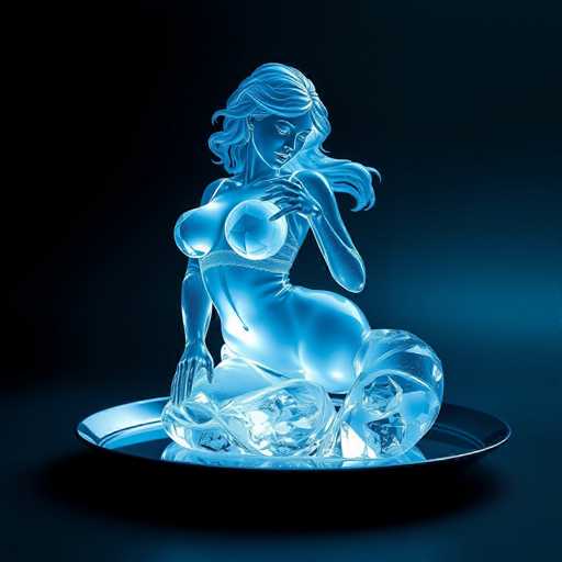 A glass sculpture of a woman with long blonde hair and a revealing outfit is displayed on a silver tray against a black background.