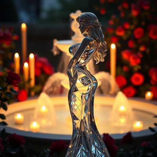 The image shows a silver statue of a woman with long hair and a flowing dress standing on the edge of a fountain surrounded by red roses. The statue is illuminated from above, casting a warm glow that highlights its intricate details. In the background, there are several candles arranged in a circular pattern around the statue, adding to the romantic atmosphere.