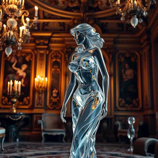 The image depicts a woman statue made of glass standing on a marble floor in a grand room with gold accents and paintings on the walls. The room is illuminated by chandeliers hanging from the ceiling, creating an opulent atmosphere.