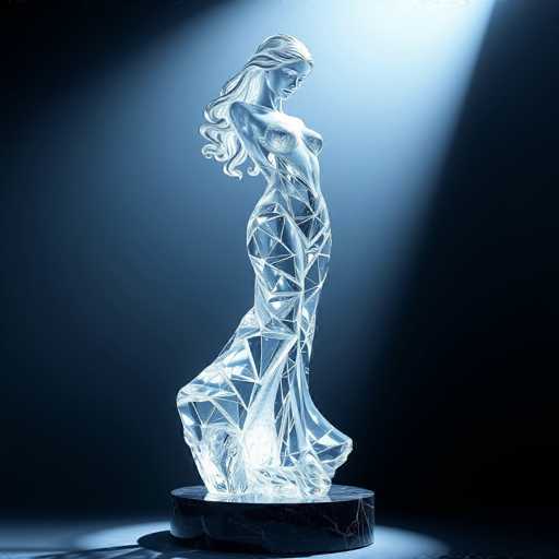 The image shows a glass sculpture of a woman standing on a black pedestal against a dark background. The sculpture is illuminated from above by a spotlight, casting light onto the figure and highlighting its intricate details.