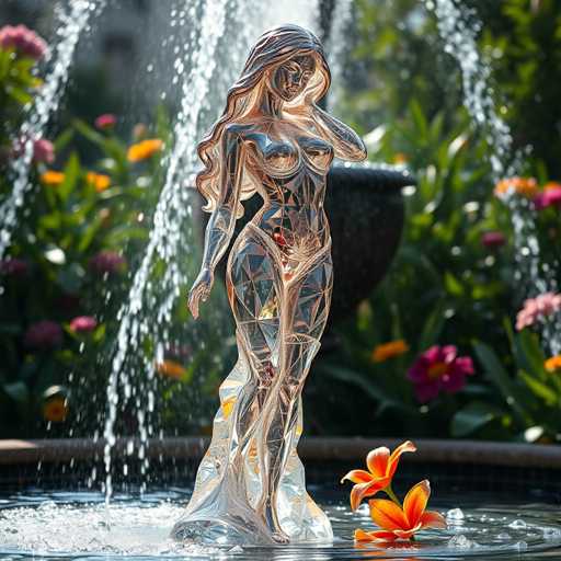 The image shows a bronze statue of a woman standing on one leg with her arms resting on her hips and her head tilted to the side. The statue is positioned next to a fountain that sprays water into the air, creating a misty effect around it. A single orange flower is located in front of the statue, adding a touch of color to the scene.