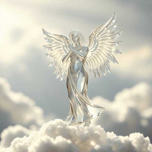 A silver angel statue with wings spread wide and a flowing dress stands on a cloud against a light blue sky dotted with white clouds.