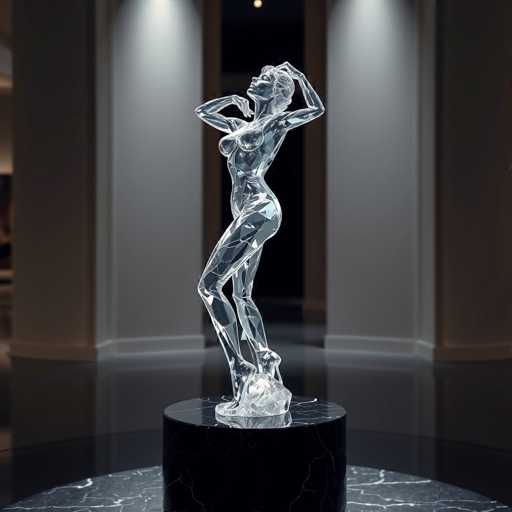 The image shows a glass sculpture of a woman standing on one leg with her arms raised above her head. The sculpture is placed on a black pedestal and the background features white columns that create an elegant and minimalist setting for the artwork.