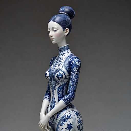 The image shows a ceramic figurine of a woman with blue hair and a white bodice adorned with blue floral patterns. The figurine is posed against a gray background, creating a contrast that highlights its intricate details.