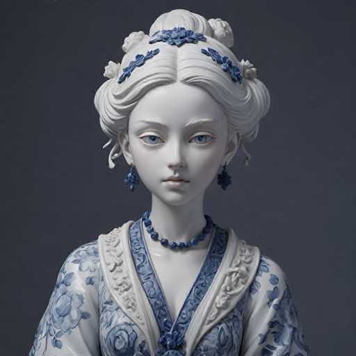 The image shows a white porcelain statue of a woman with blue flowers on her hair and a blue and white dress. The statue is posed against a dark gray background, which contrasts with the white porcelain color of the statue.