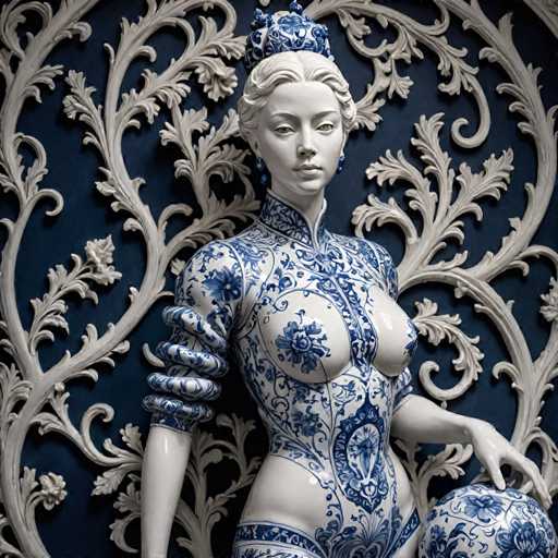 The image shows a white statue of a woman with blue and white floral patterns on her body. The statue is posed against a backdrop of a blue wall adorned with intricate white designs.