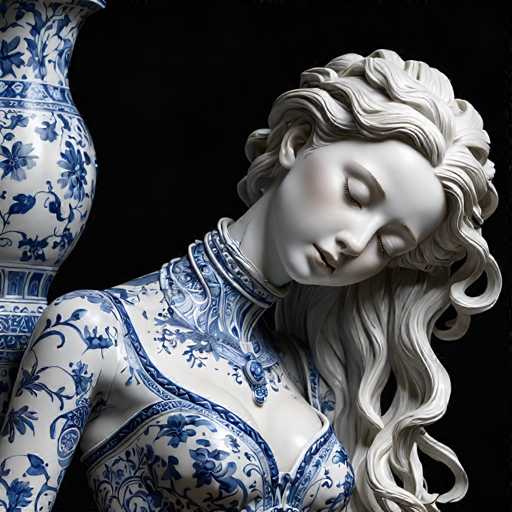 The image shows a white statue of a woman with long blonde hair and blue floral patterns on her dress. The statue is positioned against a black background, which contrasts with the white color of the statue. The statue appears to be in a state of repose or sleep, as indicated by its relaxed pose.