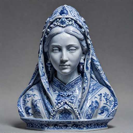 The image shows a blue and white ceramic bust of a woman's head with a large turban on her head. The bust is adorned with intricate patterns and designs, giving it an antique appearance. The bust is placed against a gray background, which contrasts with the vibrant colors of the ceramic piece.