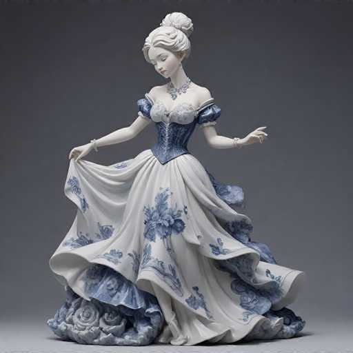 The image shows a white porcelain figurine of a woman wearing a blue and white dress with a floral pattern. The figurine is posed on one leg with her hand resting on her hip, as if in a graceful pose or dance. The background is a dark gray color that contrasts with the white porcelain of the figurine, making it stand out prominently.