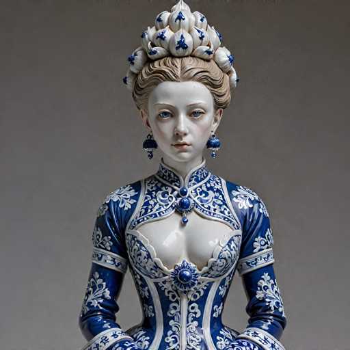 The image shows a statue of a woman with blonde hair and blue eyes wearing a blue and white dress adorned with gold accents. The statue is posed against a gray background, creating a contrast that highlights the intricate details of her attire.