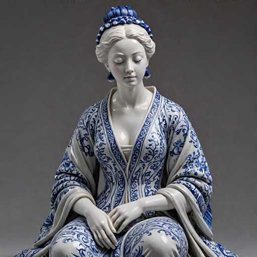 The image shows a white porcelain statue of a woman with blue and white floral patterns on her dress. The woman is seated with her hands resting on her lap, facing the viewer directly. The statue appears to be in excellent condition, suggesting it may have been displayed for an extended period or has been well-maintained.