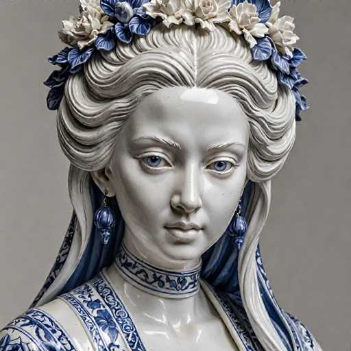 The image shows a close-up view of a white ceramic statue of a woman with blue hair and a flower crown on her head. The statue is adorned with blue and white accents that add to its elegance. The background is plain white, which contrasts with the vibrant colors of the statue and accentuates it.