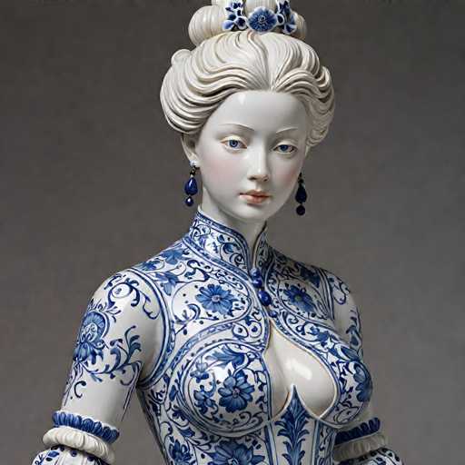 The image shows a white porcelain statue of a woman with blue floral patterns on her dress and hair. The statue is posed against a gray background, creating a contrast that highlights the intricate details of the artwork.