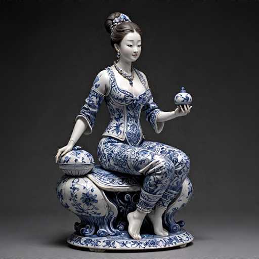 A blue and white porcelain figurine of a woman is seated on a bench with her legs crossed and holding a small vase in her hands. The figurine has a serene expression as she gazes off to the side.