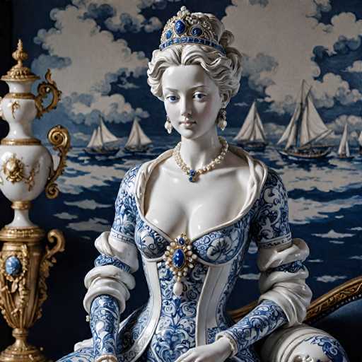 A white porcelain statue of a woman wearing a blue and gold dress with a pearl necklace sits on a gold chair against a backdrop of a blue sky dotted with clouds and sailboats in the distance.