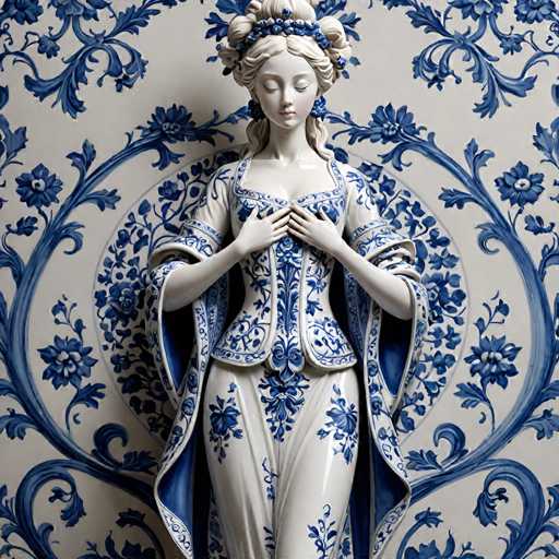 The image shows a white statue of a woman with blue and gold accents. The statue is adorned with a blue and gold dress that features a corset and a skirt. The woman's hands are clasped together in front of her chest, and she has a crown on her head. The background is a patterned wallpaper featuring blue flowers and leaves.