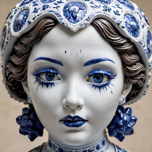 The image shows a close-up view of a ceramic sculpture depicting the face and upper body of a woman with blue eyes and long brown hair. The sculpture is adorned with intricate blue designs on its headband and earrings, adding to its artistic appeal.