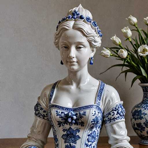 The image shows a white porcelain statue of a woman with blue flowers on her head and dress. The statue is positioned on the left side of the frame against a gray wall. On the right side of the frame, there are two vases - one white and one blue.