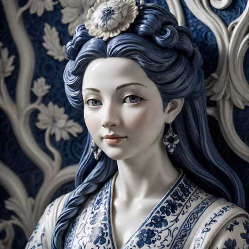 The image shows a close-up portrait of a woman with blue hair styled in curls and wearing a blue and white dress. The background is a dark blue color with white flowers on it.