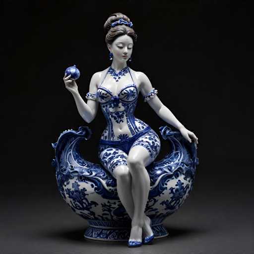 The image shows a ceramic figurine of a woman sitting on a chair with her legs crossed and holding a blue ball in her hand. The figurine is adorned with intricate blue and white floral patterns, giving it an elegant and sophisticated appearance.