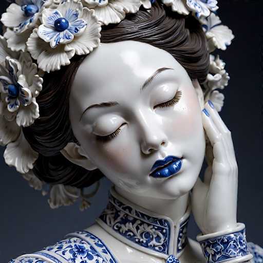 The image shows a white porcelain sculpture of a woman with blue eyes and lips. The sculpture is adorned with a floral headpiece that includes white flowers and blue flowers. The background is black, which contrasts with the white porcelain of the sculpture.