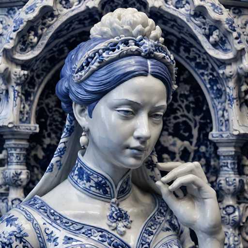 The image shows a close-up view of a statue of a woman with blue hair and a white headdress adorned with flowers. The statue is set against a backdrop of intricate blue and white patterns, creating a harmonious blend of colors and textures.