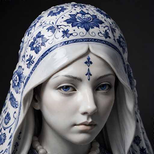 The image shows a close-up view of a statue of a woman's face and head. The statue is predominantly white with blue accents, giving it an elegant and timeless appearance. The woman's face features a large nose and a small mouth, adding to the overall aesthetic appeal of the piece. The statue is set against a black background, which contrasts beautifully with its white color and accentuates its details.