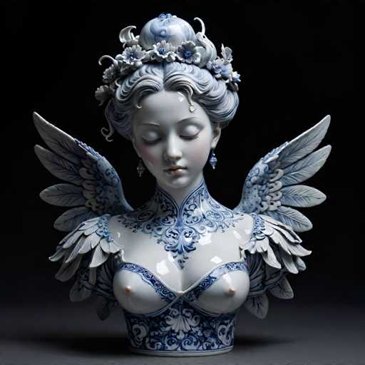 The image shows a ceramic bust of a woman with wings and a crown on her head. The bust is predominantly white with blue accents, giving it an ethereal appearance. The woman's face is depicted in profile, with her eyes closed as if in a state of rest or sleep. The bust is positioned against a black background, which contrasts with the white color of the bust and accentuates its details.