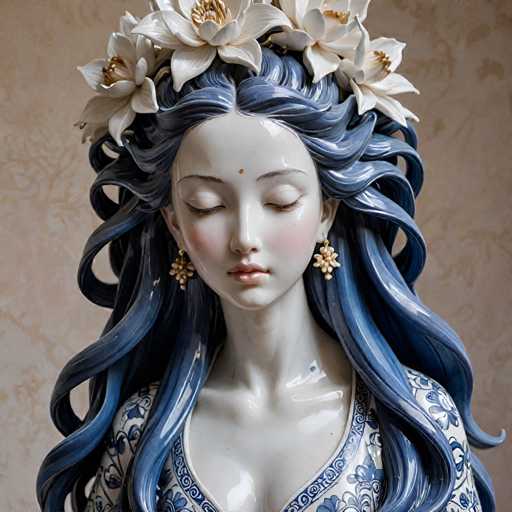 The image shows a ceramic sculpture of a woman with long blue hair and white flowers adorning her head. The sculpture is positioned on the right side of the frame against a beige wall backdrop.