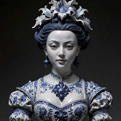 The image shows a statue of a woman with blue and white floral patterns on her dress and headpiece. The statue is posed against a black background, which contrasts with the vibrant colors of the dress and headpiece.